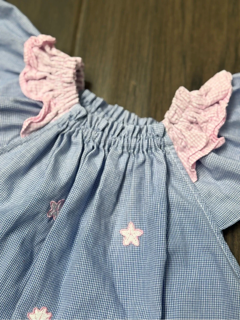 ANAVINI hand smocked 5T dress blue with pink shells